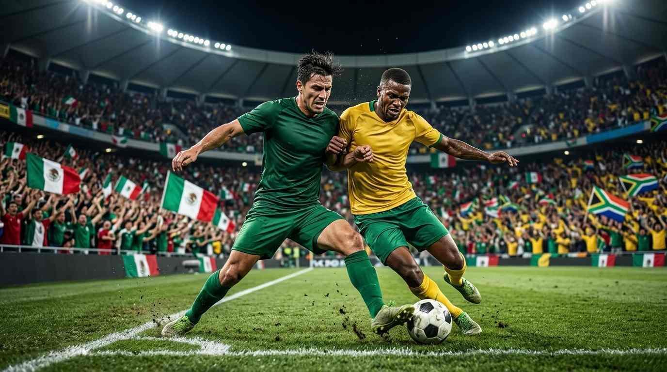 Jugadores de México y Sudáfrica disputan el balón en un partido del Mundial 2026.