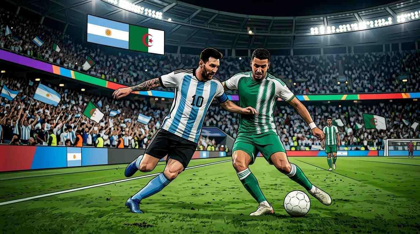 Jugadores de Argentina y Argelia disputan el balón en un intenso partido del Mundial 2026.
