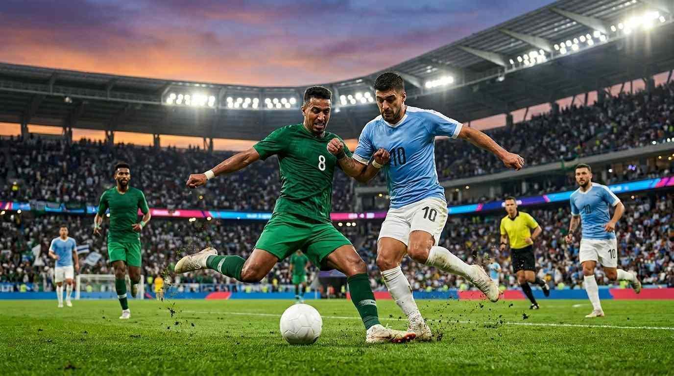 Jugadores de Arabia Saudita y Uruguay disputan un balón en un intenso partido mundialista.