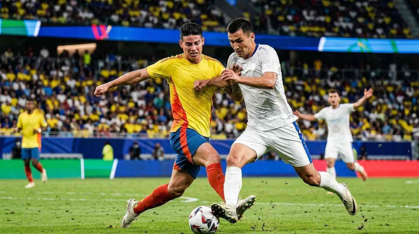 Colombia y Uzbekistán disputan el balón en un intenso partido del Mundial 2026.