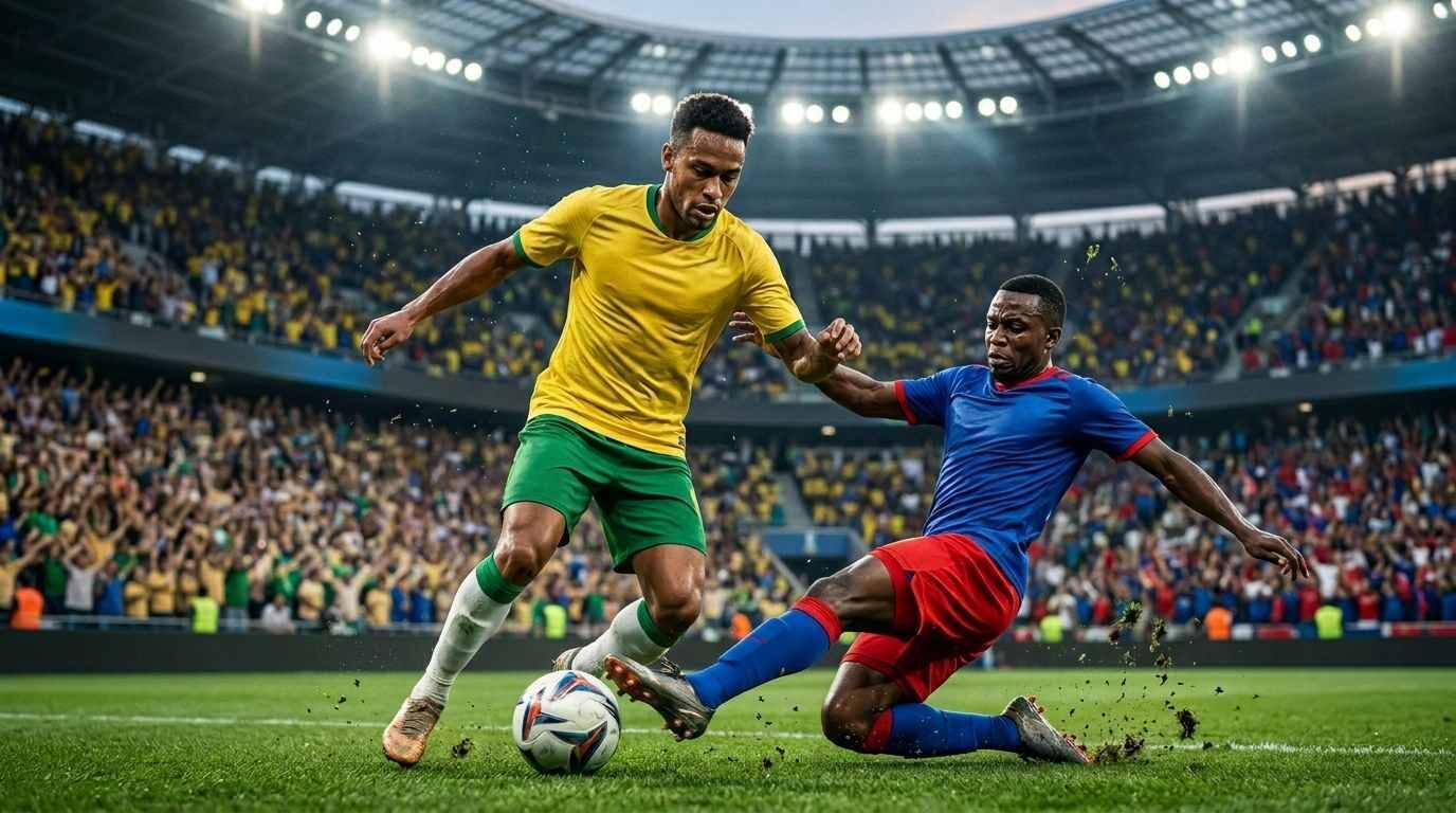 Jugador de Brasil disputa el balón ante Haití en un intenso partido del Mundial 2026.