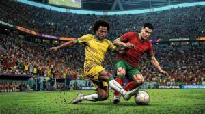 Jugadores de Brasil y Marruecos disputan el balón en un intenso partido del Mundial 2026™.