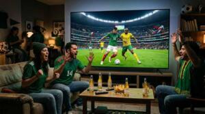 Aficionados ven por televisión el partido entre México y Sudáfrica del Mundial 2026.