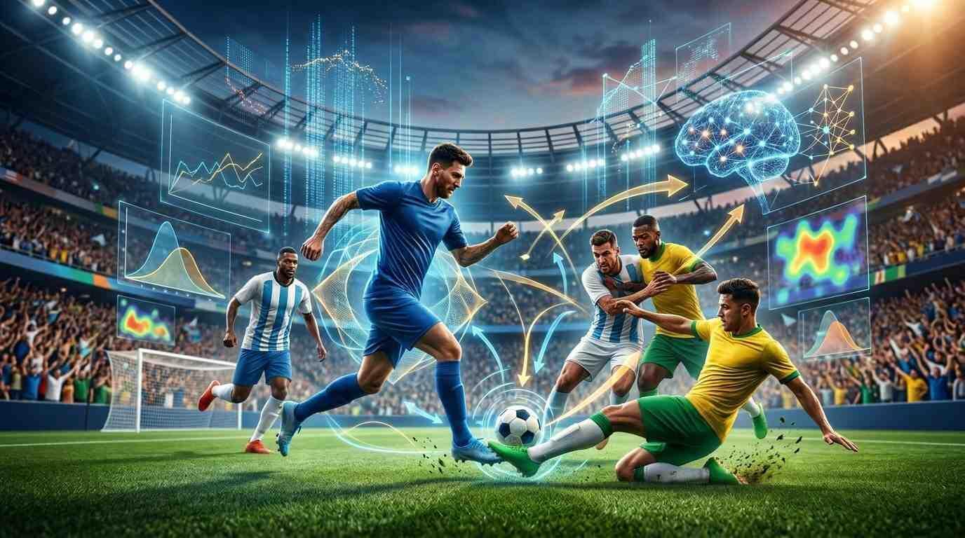 IA analiza un partido mundialista con gráficos futuristas y jugadores en acción.