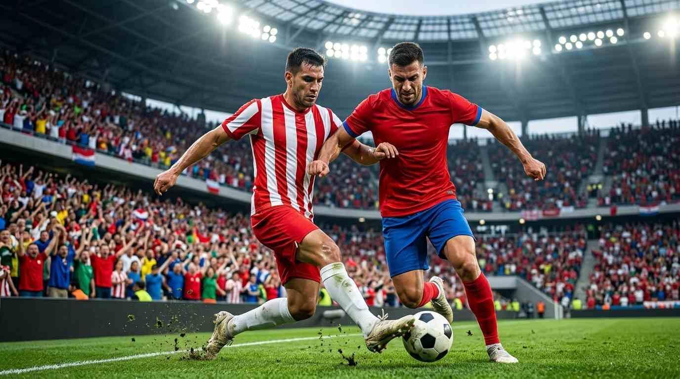Futbolistas de Paraguay y Turquía disputan un balón en un intenso duelo mundialista.